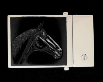 Hebilla de cinturón reversible con cabeza de caballo, plata de ley maciza 925, calcedonia negra, pieza única n.° 421