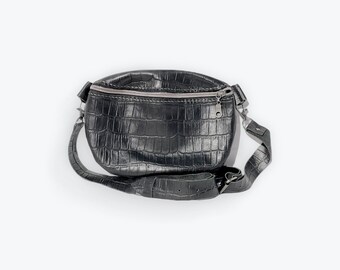 Handmade Black Alligator Embossed Leather Fanny Pack