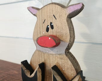 Handmade wooden rudolph christmas shelf sitter