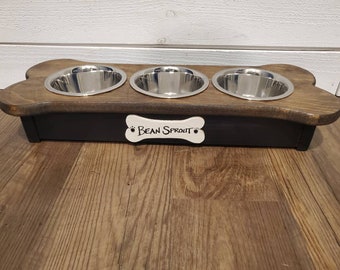 Personalized wooden Small 3 bowl dog feeder