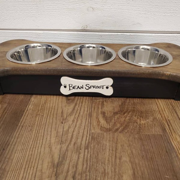 Personalized wooden Small 3 bowl dog feeder