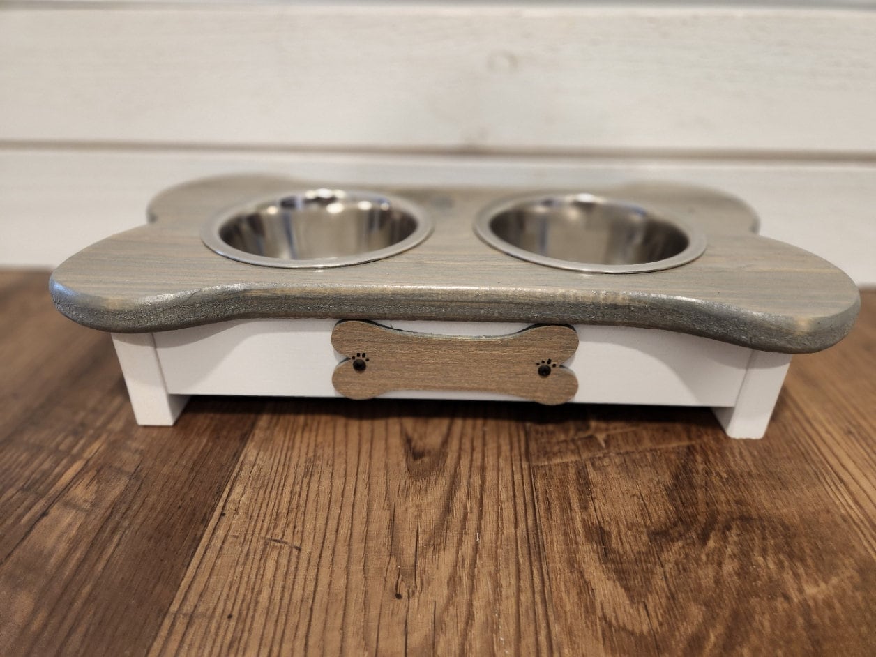 Modern Kitchen Dog Bowl Stand in Aluminium & Wood, Dog Feeding Station, Non  Slip Easy to Clean 