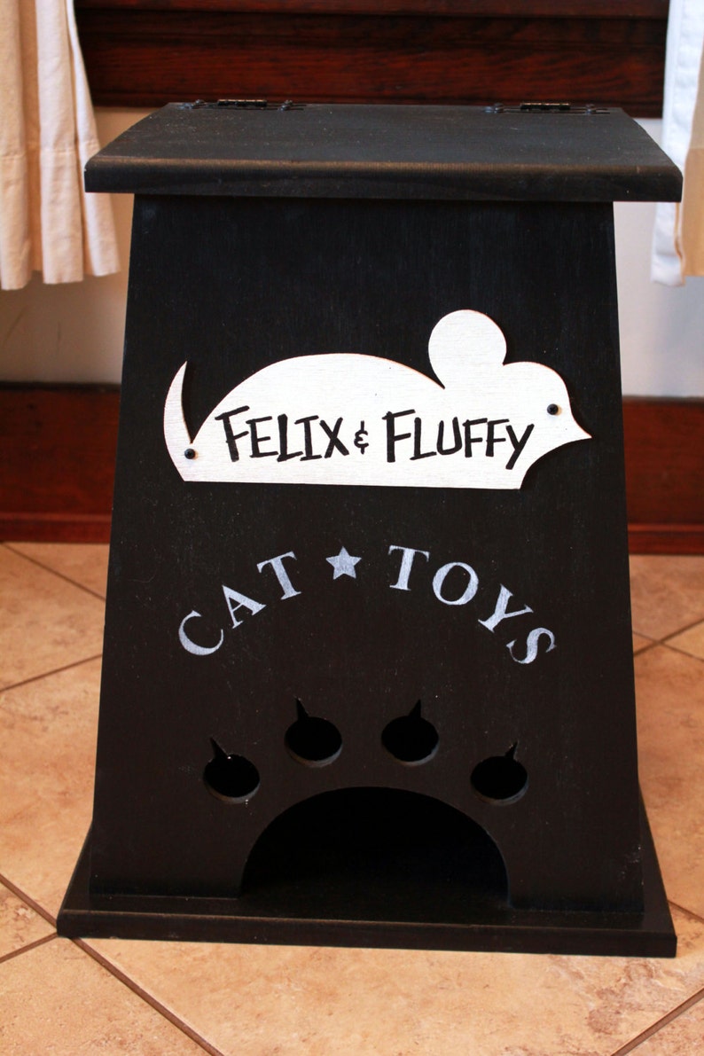 Personalized Wood Cat Toy Box image 1
