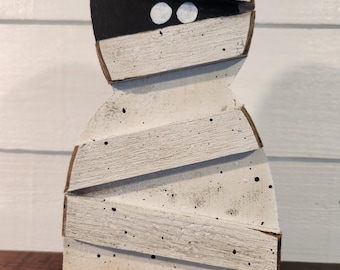 handmade wooden halloween mummy sitter decor