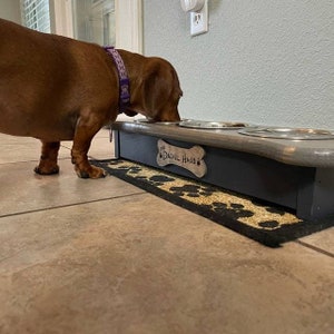 May include: A brown dachshund dog eating from a raised wooden dog bowl stand with three stainless steel bowls. The stand is painted gray and has a wooden plaque with the text "Dachsel Haus" on the front.