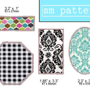 May include: A selection of fabric patches with diverse patterns and shapes. Features a rectangular patch with a colourful geometric design, a black and white checkered octagon, a black and white damask rectangle, and an oval with a teal floral pattern. The text "sm patterns" is also present.