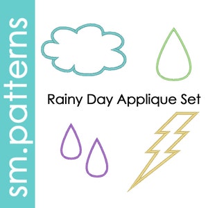 Puede incluir: Un conjunto de cinco diseños de aplique para bordar. Los diseños incluyen una nube, una gota de lluvia, dos gotas de lluvia y un rayo. Los diseños son de varios colores, incluyendo azul, verde, morado y amarillo.