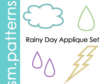 Rainy Day Applique Set Lightning Drop Rain Cloud Drops Sewing Quilt Shapes Design April Spring Flowers