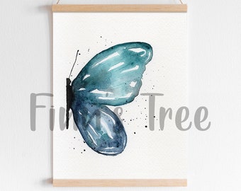 Butterfly Watercolor Print // Nursery Wall Art // Children's Decor // Kid's Room Decoration // Half Blue Butterfly