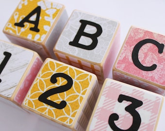ABC 123 // Girl's Wooden Blocks // Set of 6 // Pink and Yellow // 42mm square