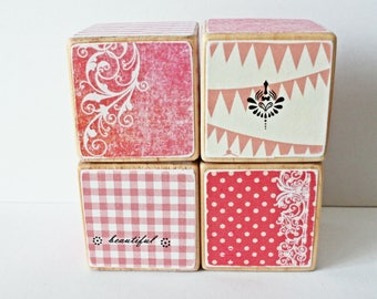 Girls Wooden Blocks // Set of 4 // Pink Blocks // Baby Girl // 42mm sq