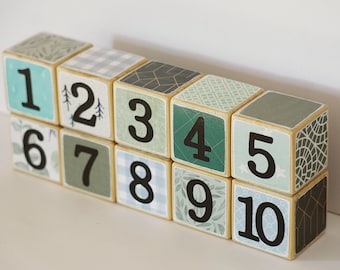Wooden Blocks // Number Blocks // Set of 10 // Blue and Green