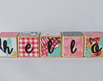 Wooden Blocks // HELLO // Pink and Navy // Nursery Decor // 42mm sq // Set of 5