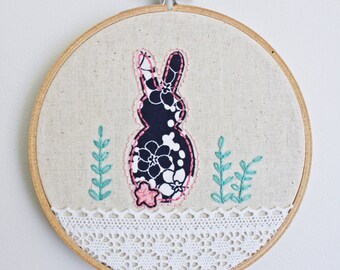 Embroidery Hoop Wall Art // Nursery Decor // Baby Girl // Hand Stitched // Navy Bunny // 5 1/2 inches