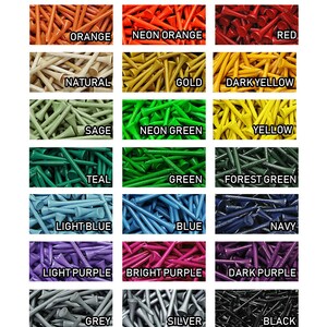 May include: A grid of golf tees in various colors, each labeled with its color name. Colors include light pink, pink, burgundy, orange, neon orange, red, natural, gold, dark yellow, sage, neon green, yellow, teal, green, forest green, light blue, blue, navy, light purple, bright purple, dark purple, grey, silver, black, and white.