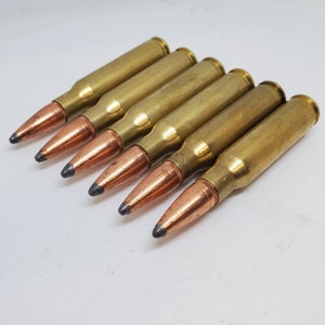 May include: Six gold-colored rifle cartridges with copper tips.