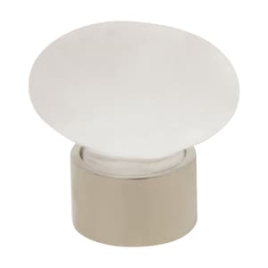 Może przedstawiać: Biały ceramiczny gałka z srebrną podstawą. Gałka jest okrągła i ma gładką powierzchnię.