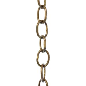 May include: Close-up of a vertical chain with oval links. The chain has a tarnished brass finish, with variations in color and texture. The background is plain white.
