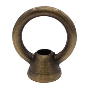 May include: Antique brass ceiling fixture ring with a round opening and a threaded base.