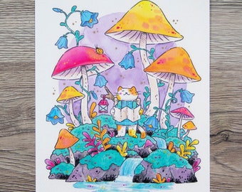 Explorer Kitty - Cat and Mushrooms - Matte Art Print - Signed