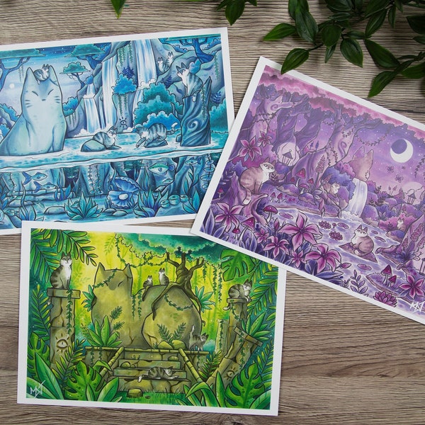 Magical Cat Scenes, Jungle - Pond - Glade - Matte Art Prints - Signed