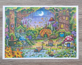 Tiny Magical Forest Village - Matte Art Print - Signed