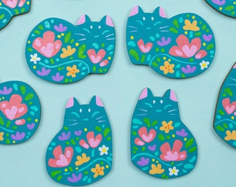 Flower Cat Teal - Pins or Magnets - Handmade Hand Painted