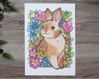 Bunny and Flowers - Matte Textured Art Print - Signed