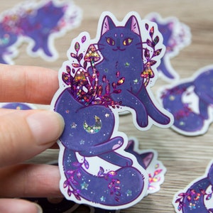 Inner Nature - kat, planten, paddenstoelen, maan - glanzende vinylsticker met glittereffecten