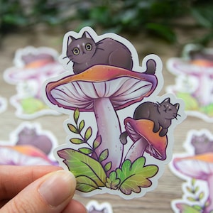 Chatons champignons - Chats noirs - Sticker vinyle mat