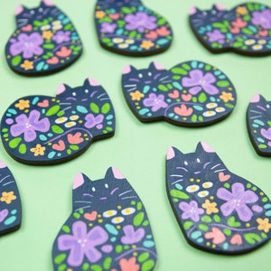 Flower Cat Blue Pins or Magnets Handmade Hand Painted image 1