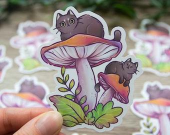 Mushroom Kitties - Black Cats - Matte Vinyl Sticker