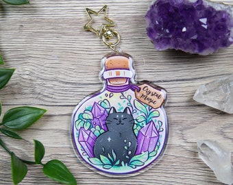 Crystal Magic Glitter Acrylic Keychain - Black Cat & Crystals in a Bottle