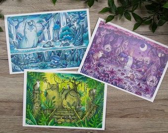 Magical Cat Scenes, Jungle - Pond - Glade - Matte Art Prints - Signed