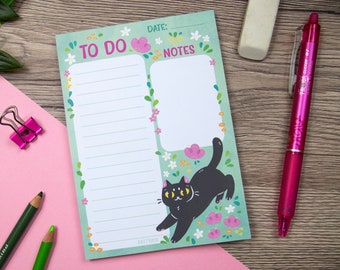 To Do Notepad - Cat on Flower Meadow - Stationary Supply | Size A6 - 4.1 x 5.8 inch