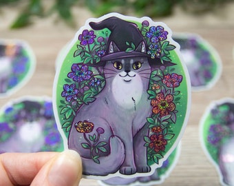 Chat sorcier anémone - Nature fleurs roses - Sticker vinyle scintillant holographique brillant