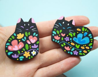 Flower Cat Black - Pins or Magnets - Handmade Hand Painted
