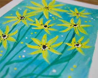 Original Art - Yellow Flowers on Blue - Size A5 (5.8 x 8.3 in) - Tracked shipping included