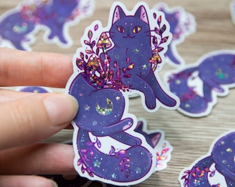 Inner Nature - Cat, Plants, Mushrooms, Moon - Glossy Vinyl Sticker with Glitter Effects