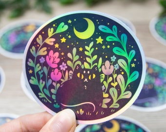 Night Cat - Holographic or Glossy - Vinyl Sticker