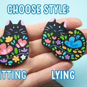 Flower Cat Black Pins or Magnets Handmade Hand Painted zdjęcie 5