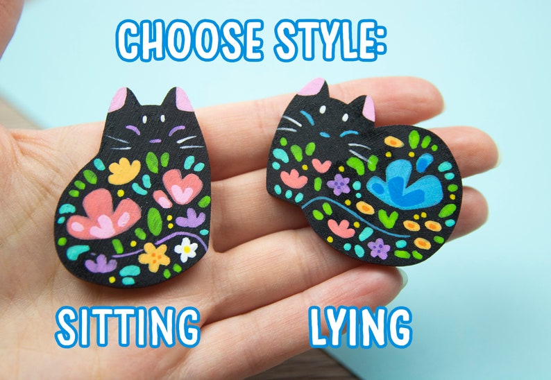 Flower Cat Black Pins or Magnets Handmade Hand Painted zdjęcie 5