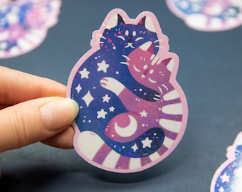 Glittery Love Cats - Blue and Purple Cats with Stars -  Holographic Glitter Vinyl Sticker