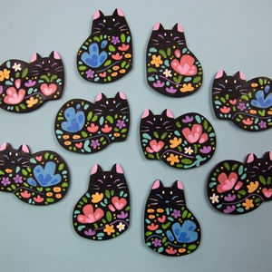 Flower Cat Black Pins or Magnets Handmade Hand Painted zdjęcie 3