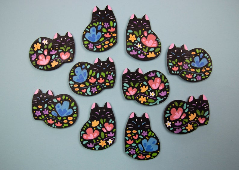 Flower Cat Black Pins or Magnets Handmade Hand Painted zdjęcie 3