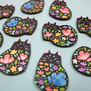 Flower Cat Black Pins or Magnets Handmade Hand Painted zdjęcie 4