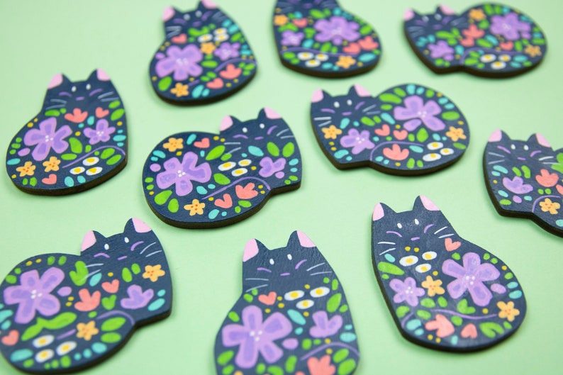 Flower Cat Blue Pins or Magnets Handmade Hand Painted image 1