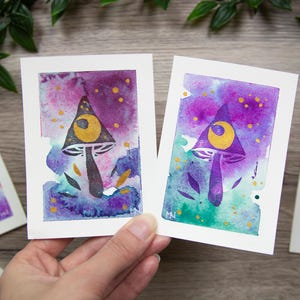 Stampa originale in linoleum e acquerello - Piccolo dipinto di fungo della luna dorata
