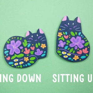 Flower Cat Blue Pins or Magnets Handmade Hand Painted zdjęcie 4