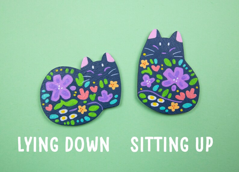 Flower Cat Blue Pins or Magnets Handmade Hand Painted zdjęcie 4